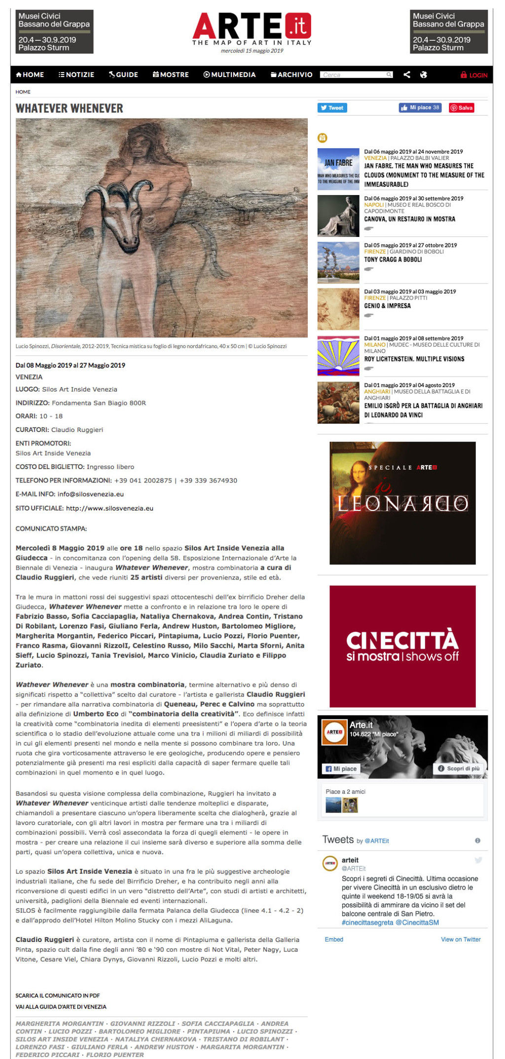 Dal 08 Maggio 2019 al 27 Maggio 2019 VENEZIA LUOGO: Silos Art Inside Venezia INDIRIZZO: Fondamenta San Biagio 800R